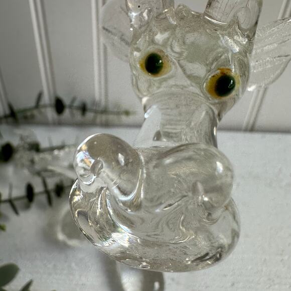Vintage Art Glass Happy Dragon Figurine | Clear Glass Yellow Eyes | Handmade - Picture 5 of 9